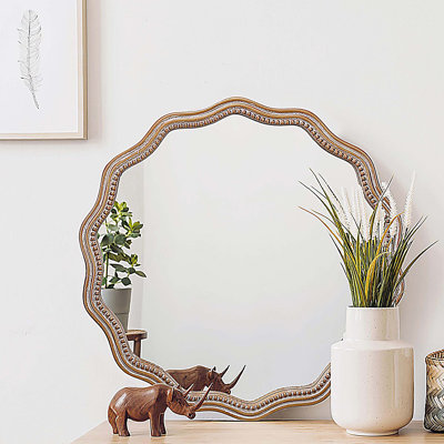 23,62 pouces miroir rond rond en bois ondulé miroir mural festonné