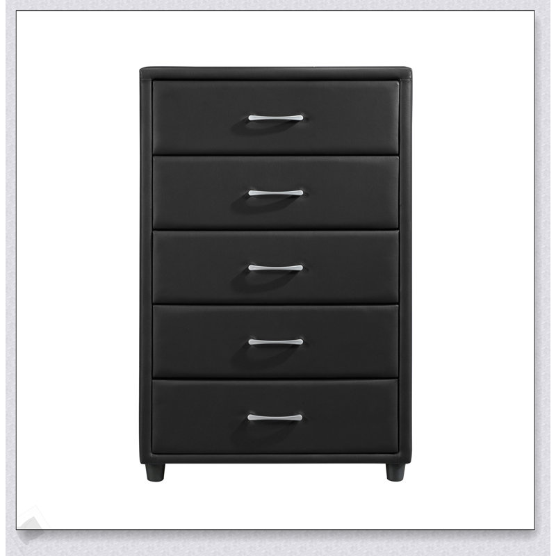 Commode contemporaine 5 tiroirs en similicuir F noir avec poignées barres argentées, mobilier élégant et fonctionnel