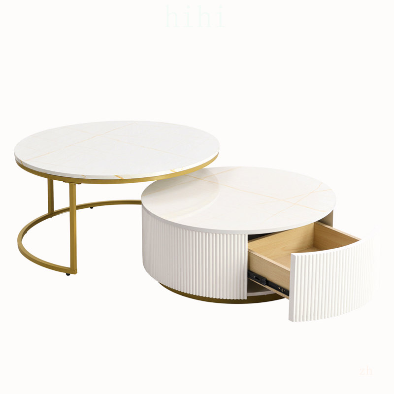 Table basse gigogne ronde moderne avec 2 grands tiroirs pour un rangement élégant et une décoration intérieure élégante, parfaite pour le salon