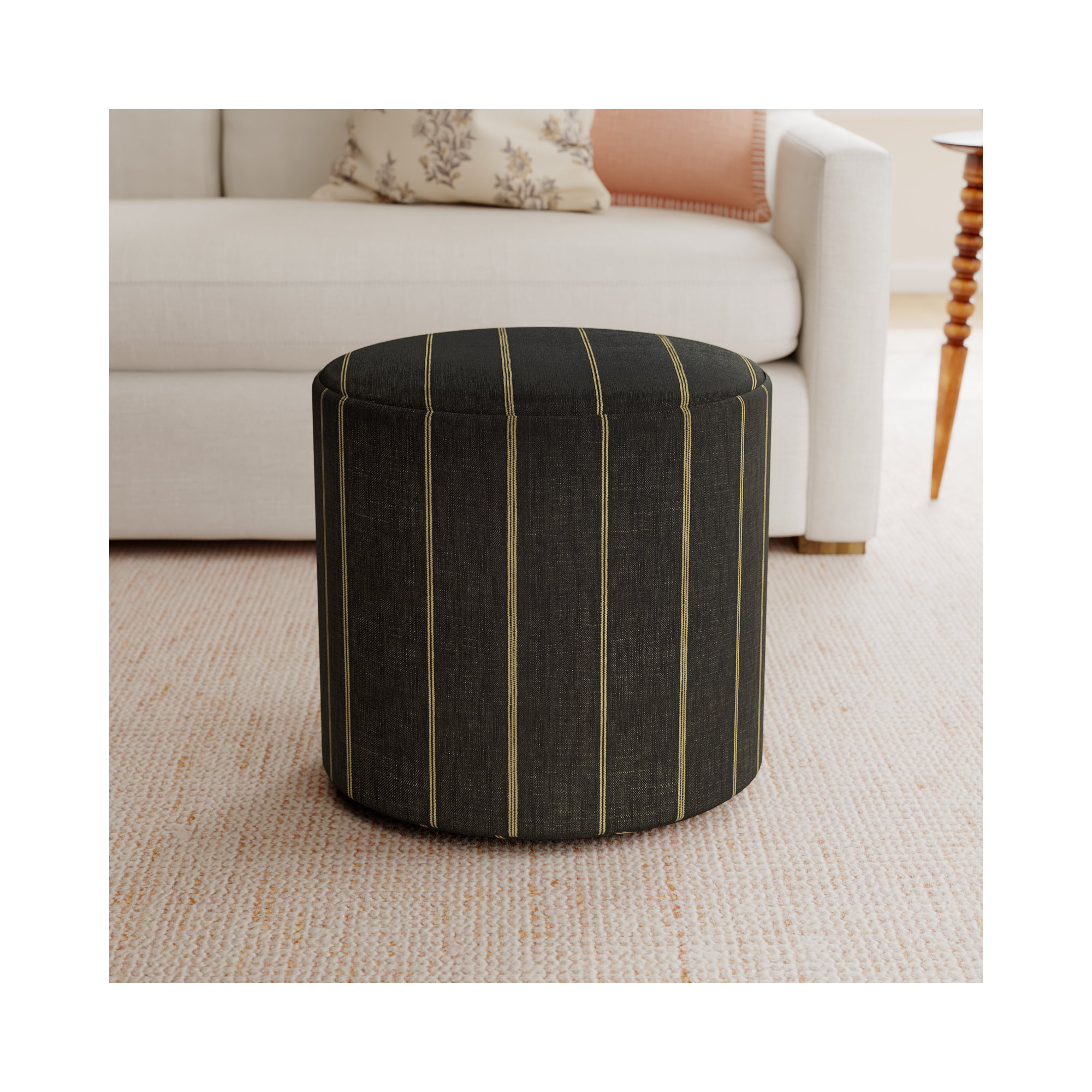 Epaulette Upholstered Ottoman, Fritz Peppercorn Stripe