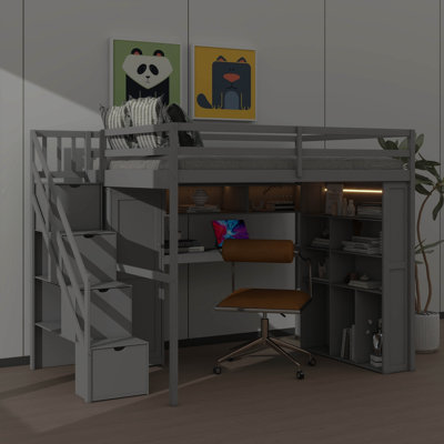 Full Size Loft Bed With Integrated Wardrobe & Study Area, Complete With Shelves & LED Lighting, Space-Efficient Wooden Loft Bed With Storage