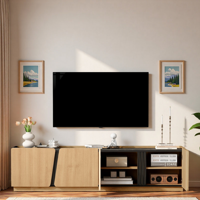 Meuble télé moderne avec coins arrondis, plateau en marbre et tablettes réglables, Oak
