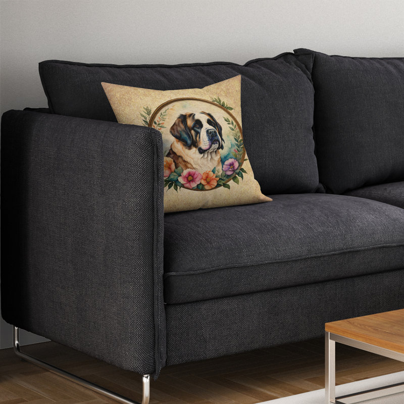 Coussin Saint Bernard and Flowers, H 14 po x l 14 po x P 3 po