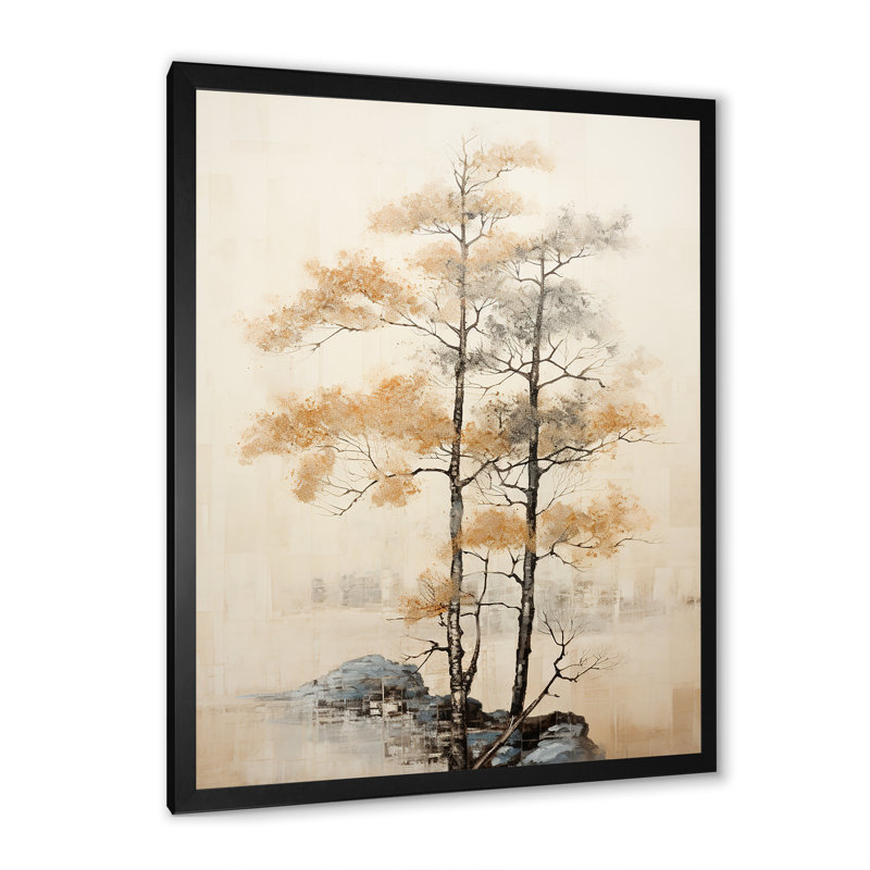 " Beige Tree Pine Tranquility ", Black Single Picture Framed, 44" H x 34" W x 1.5" D