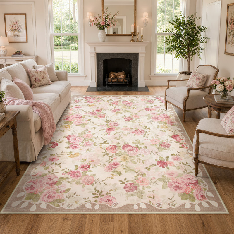 Tapis vintage à motif floral lavable à la machine avec envers antidérapant, Beige, Rectangle 6 pi x 9 pi