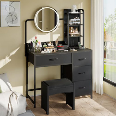 Bureau de coiffeuse avec miroir et lumières, coiffeuse en bois avec 4 tiroirs en tissu, lumière réglable de 3 couleurs, prise de courant, table de maquillage avec support pour sèche-cheveux