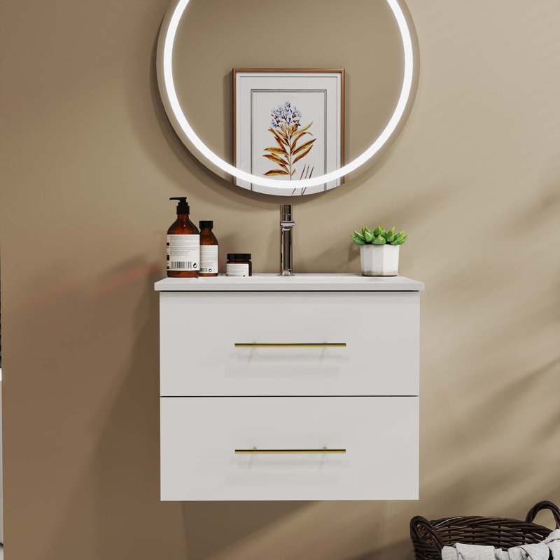 Meuble-lavabo mural brillant avec miroir, Blanc lustré, Doré, 24"