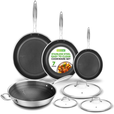 7-Piece Cookware Set Stainless Steel - Triply Kitchenware Pans Set Kitchen Cookware W/DAKIN Etching Non-Stick Coating - Small, Medium, & Large Stir Fr