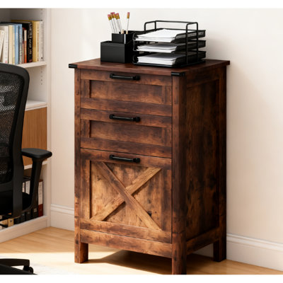 Armoire de rangement pour la maison et le bureau avec 3 tiroirs - style rustique, deux petits et grands tiroirs, mouvement de tiroir silencieux, support basculant, placage à griffes, dossier brun à capacité verticale de 77 lb, porte de grange