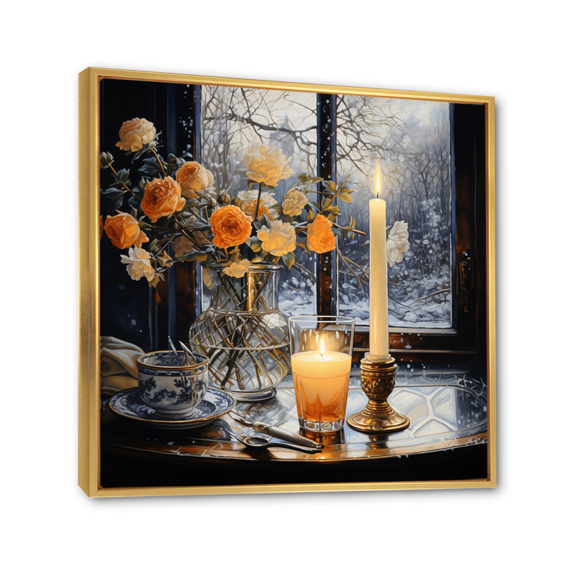 «Winter Frosty Still Life Pointillism I», reproduction sur toile, Cadre flottant doré, H 24 po x l 24 po x P 1 po