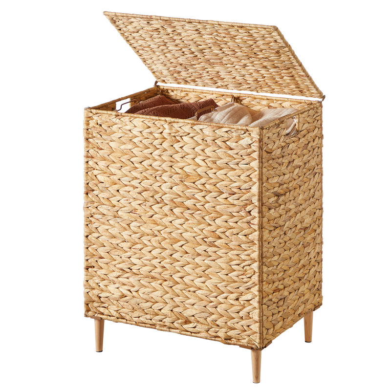 34.3 Gal. Laundry Hamper, 2-Section Handwoven Water Hyacinth Wicker Laundry Basket With Lid, Removable Liners, Natural