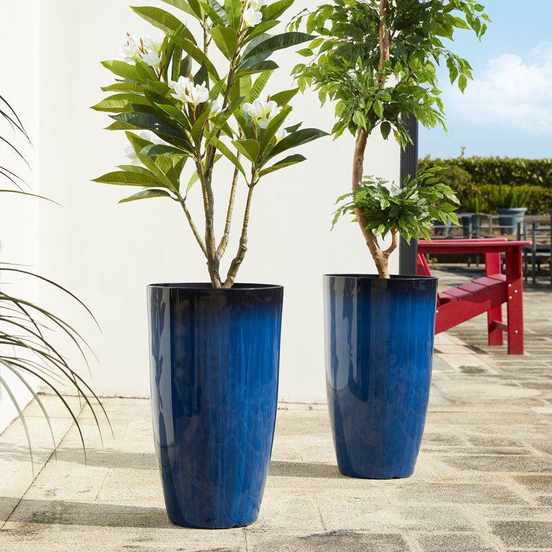 23.5"H Set Of 2 Oversized Gradient Green Faux Ceramic  Tall Plastic Planter, Blue