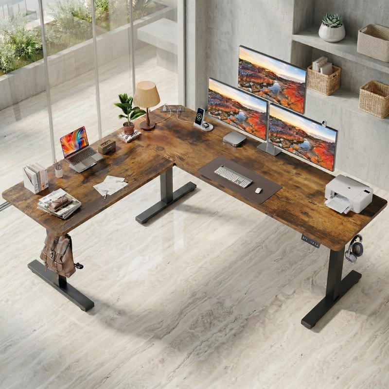 Bureau debout en L - Bureau électrique à hauteur réglable avec contrôleur de mémoire, H 45,7 po x l 74,8 po x P 63 po