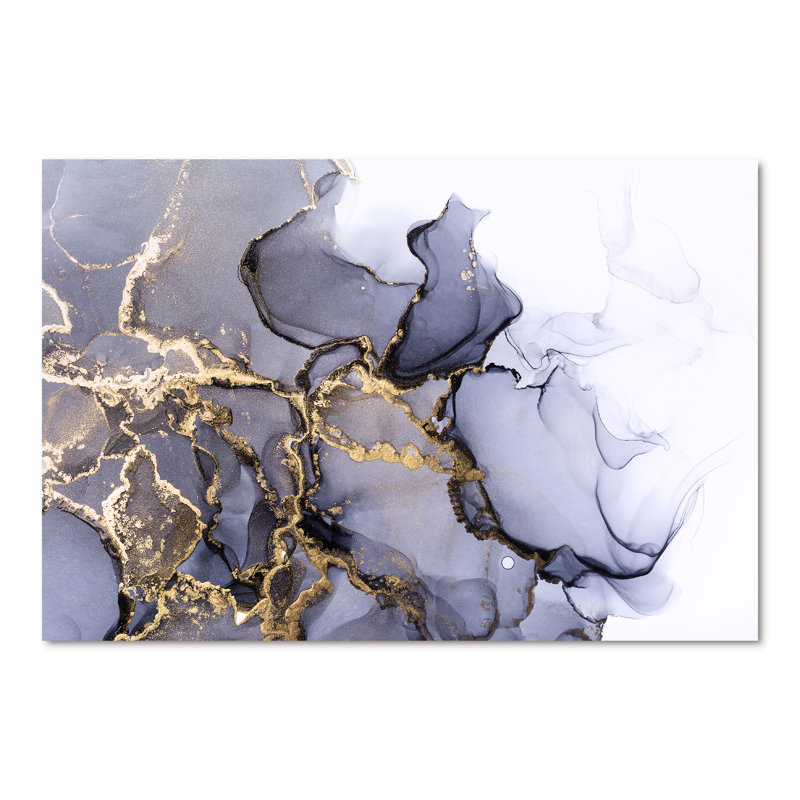 " Grey And Shiny Golden Alcohol Ink ", 40" H x 60" W, Wrapped Canvas