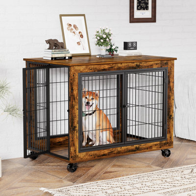 Grande cage pour chien de style meuble, table de bout pour chenil avec trois portes