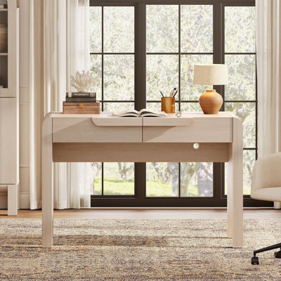 Bureau d'écriture en cascade courbé de 47,2 po de style Mid-Century avec 2 tiroirs, bureau d'ordinateur en bois avec station de charge, bureau pour bureau à domicile