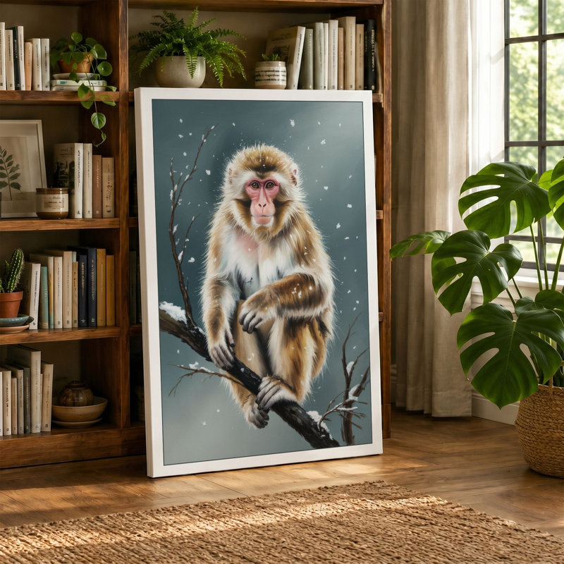 Macaque in Winter Japandi 1 Piece Wrapped Canvas Wall Art, 18x12 - 45.7 x 30.5 cm, White Border