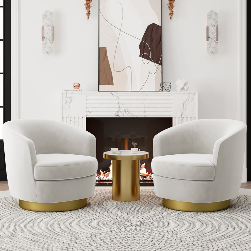 Jalivia 29'' W Velvet Upholstered Swivel Barrel Chair, Ivory Velvet
