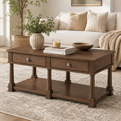 Farmhouse Coffee Table with 2 Storage Drawers and Lower Shelf, Rectangular Wooden Cocktail Table with Solid Wood Legs, Rustic Living Room Center Table