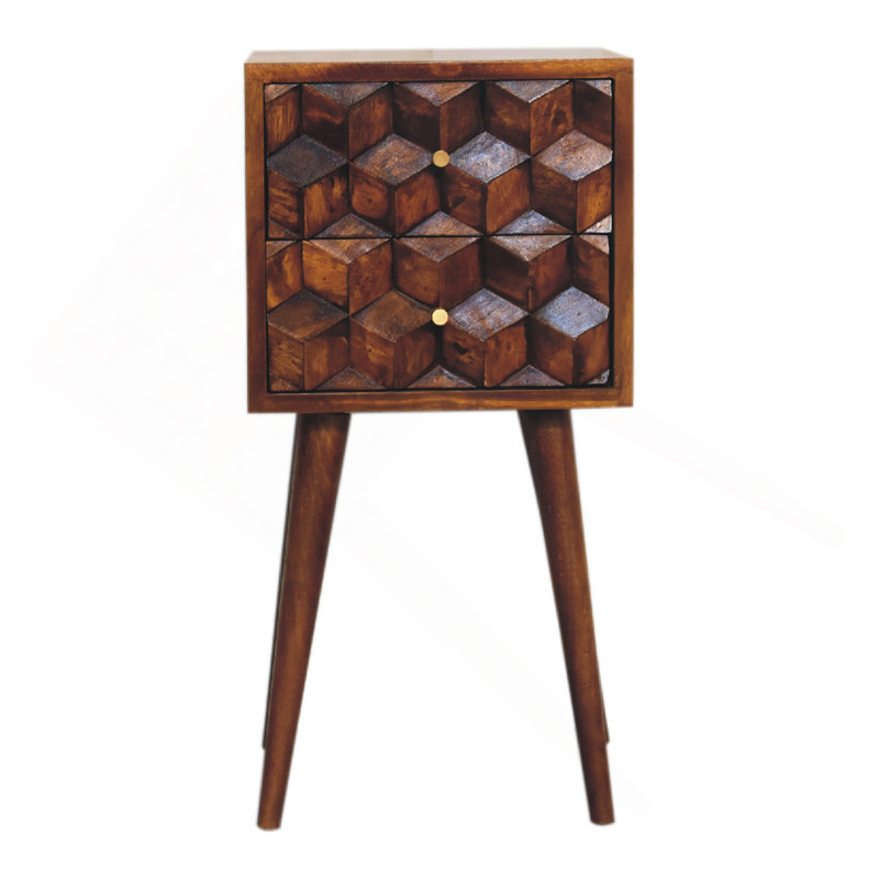 Mini table de chevet en bois massif, 2 tiroirs, châtaignier, brun