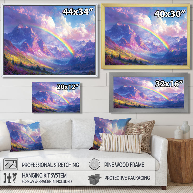 Arc-en-ciel dans les montagnes I - art mural arc-en-ciel, Cadre flottant noir, H 16 po x l 32 po
