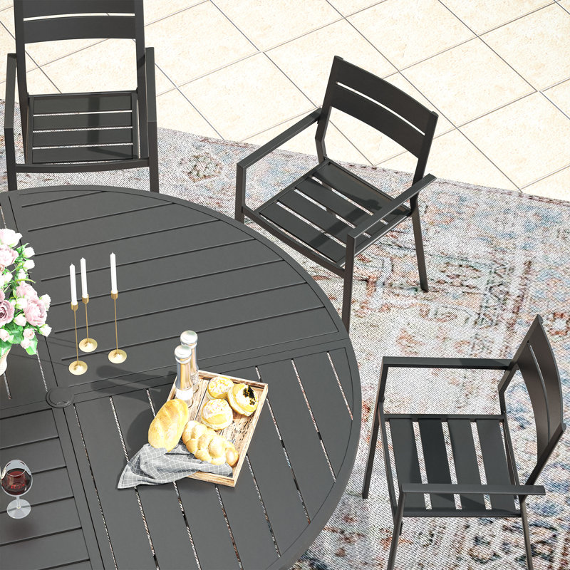Ensemble repas pour 6 personnes avec table de salle à manger ronde en métal 50 po et 6 chaises empilables, Noir / Noir