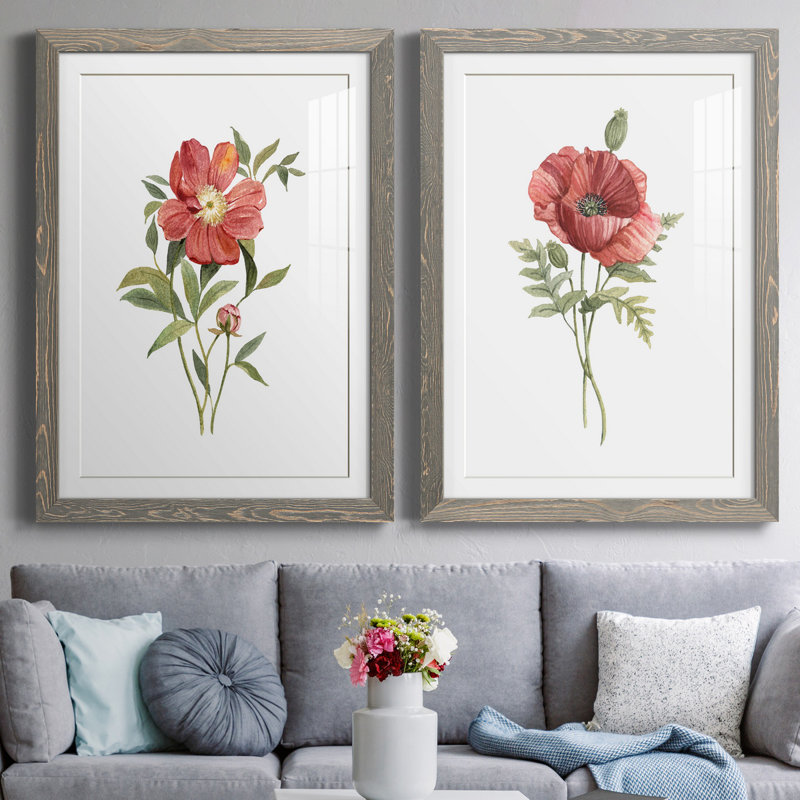 Pivoine écarlate - ensemble de 2 reproductions d'art, Blanc, H 44 po x l 31 po x P 1 po, Cadre en papier gris