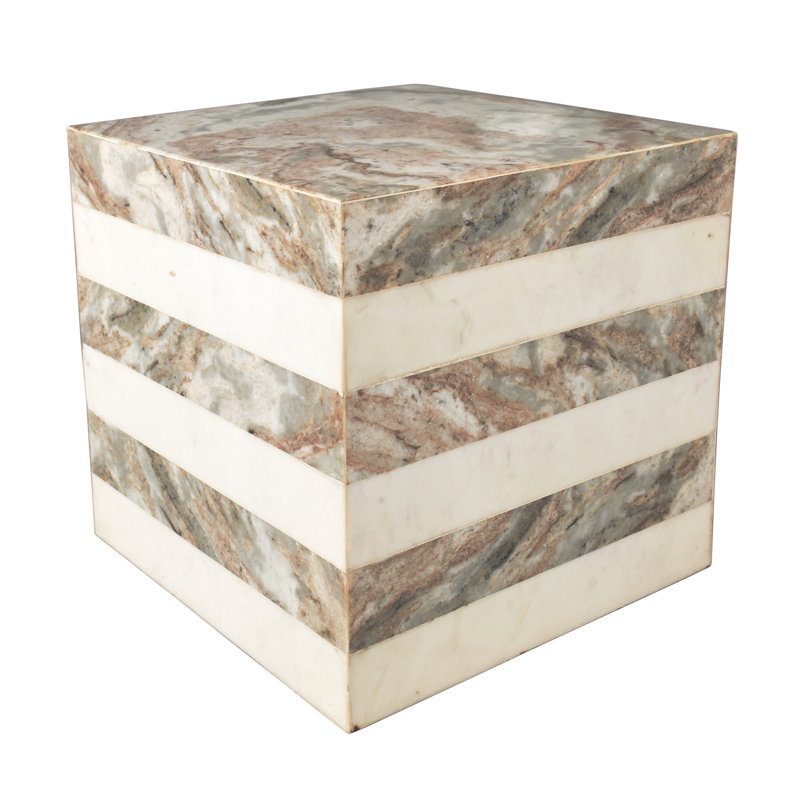 Felix 15.5" Minimalist Marble Cube End Table, Natural Beige White Gray Stone Square Block Side Table, Solid Glossy Living Room Accent Pedestal