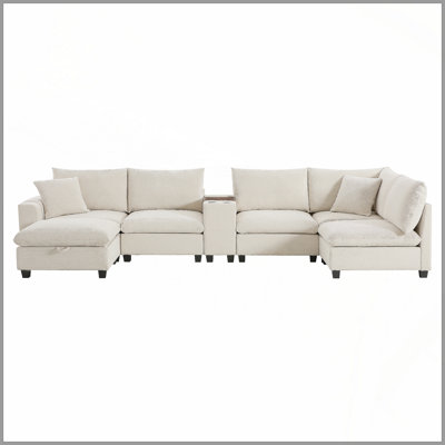 139'' U-shaped Modular Sectional Sofa with Console, Oversized L-Shaped Corduroy Couch with Wide Seat, USB Charger, Cup Holders, Movable Ottoman, Stora