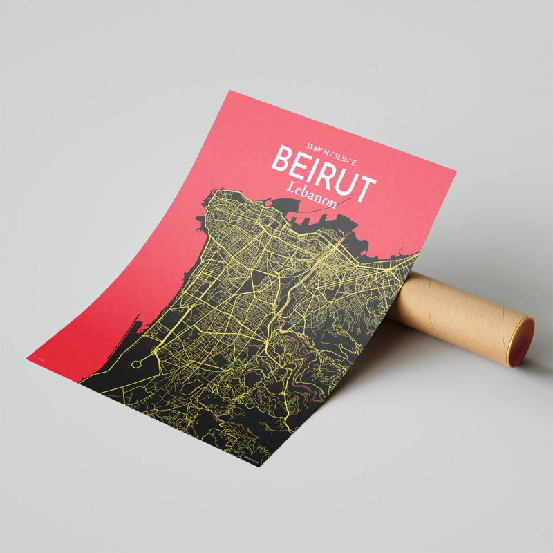 Carte de la ville de Beyrouth, impression maritime, Noir, rouge et jaune, H 20 po x l 16 po