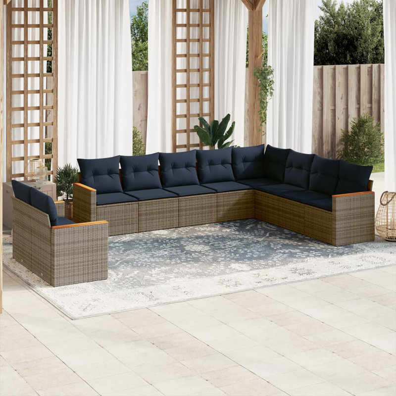 Ensemble de canapé de patio 10 pièces avec coussins en polyester noir Latitude Run®, Coussin bleu marine / structure grise