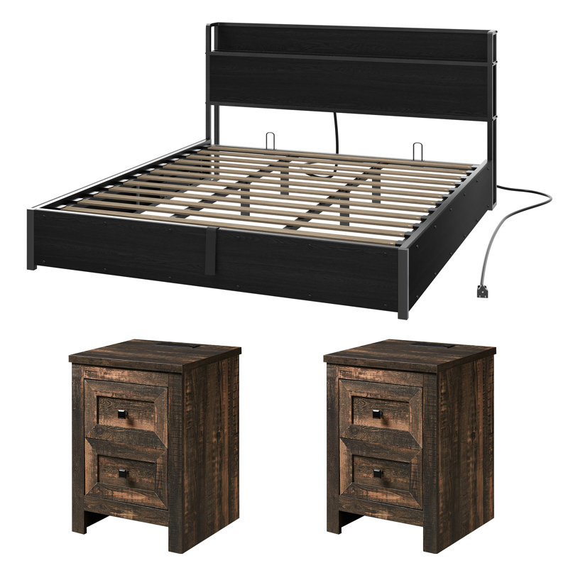 Ensemble de chambre avec très grand lit rustique et campagnard 3 pièces Tryston, noir, Très grand lit, Noir