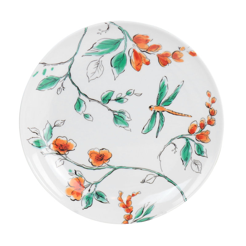 White Floral Dragonfly Melamine Dinnerware Set, Service for 4