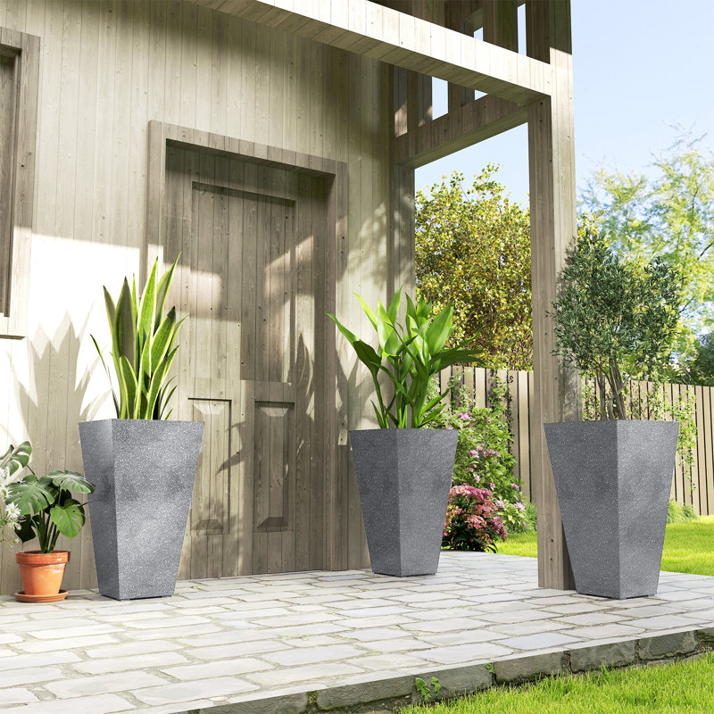 Ensemble de 3 grandes jardinières grises, finition en marbre plastique, décoration intérieure / extérieure