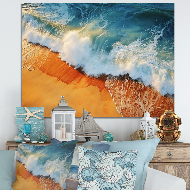 Bleu et orange, vue aérienne rétro de plage II - art mural plage, Toile tendue, H 16 po x l 32 po x P 1 po