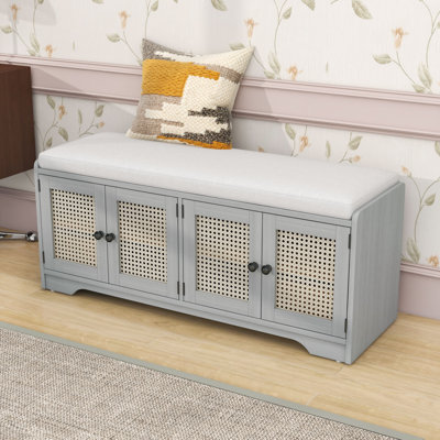 Rustic Storage Bench with Woven Rattan Doors, Adjustable Shelves and Removable Cushion for Entryway