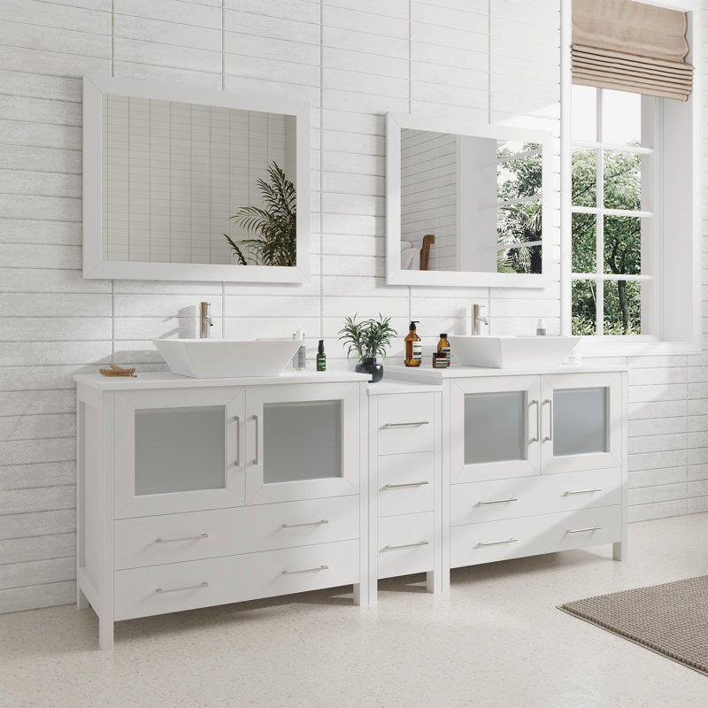  Wooden 84" Double Bathroom Vanity Set with Mirror, White