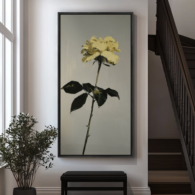 Œuvre botanique jaune jaune sur fond gris doux - grande impression sur toile encadrée de la chambre principale