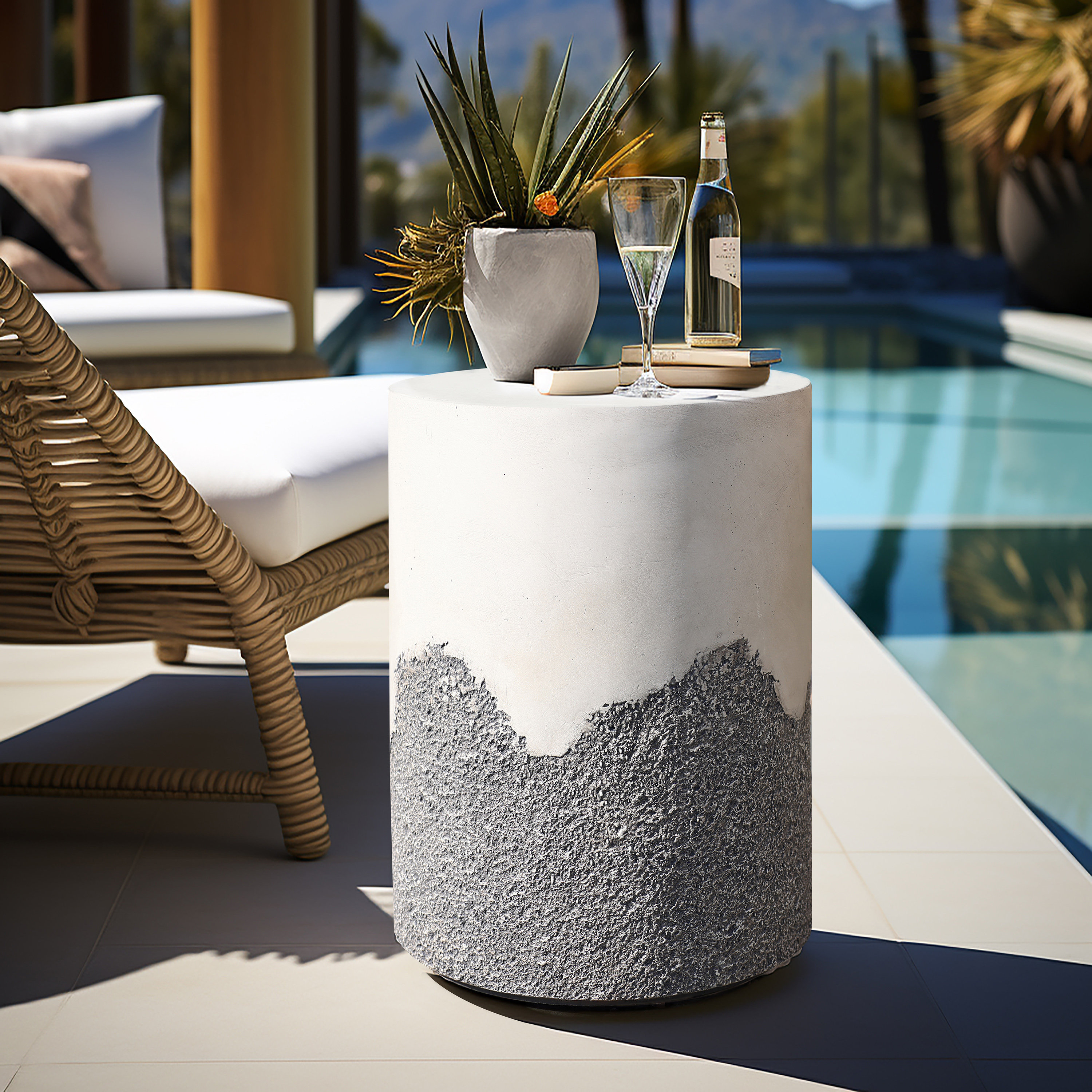 Wade Logan Gray and White Cement Round Outdoor Side Table & Reviews