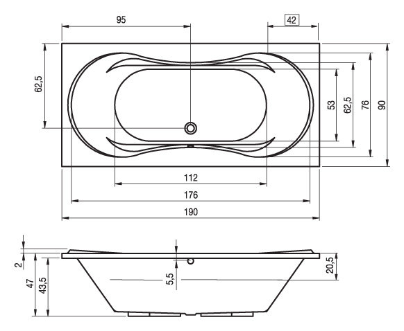 2050mm x 105mm Soaking Acrylic Bathtub