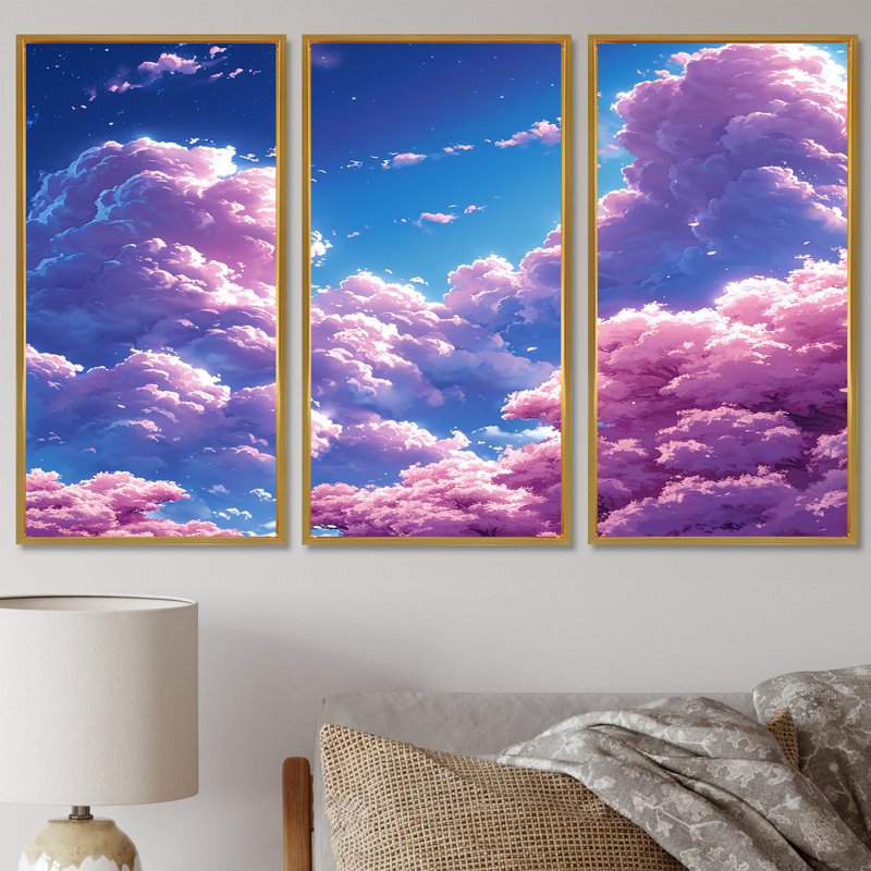 Ensemble de salon art mural nuage rose, Cadre flottant doré, H 40 po x l 60 po x P 1 po
