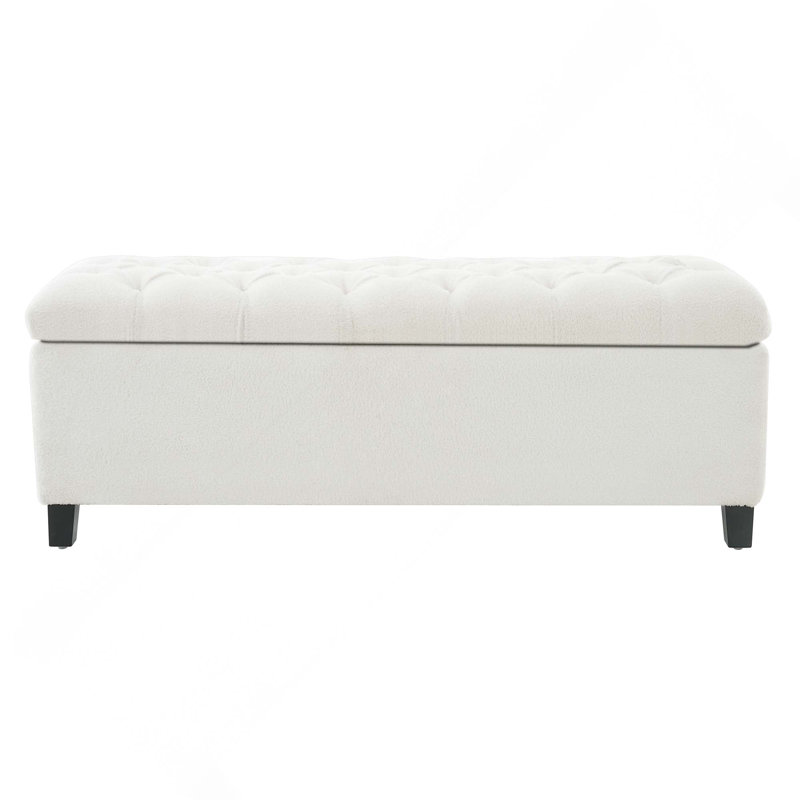 Ottoman Bench With Storage & Rubber Wood Legs, White