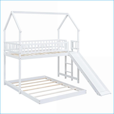 Lit simple superposé au-dessus d'une chambre double avec glissade et amp; Échelle intégrée - Bois de pin massif & amp; Panneau de fibres à densité moyenne, garde-corps pleine longueur, blanc pour les petits espaces