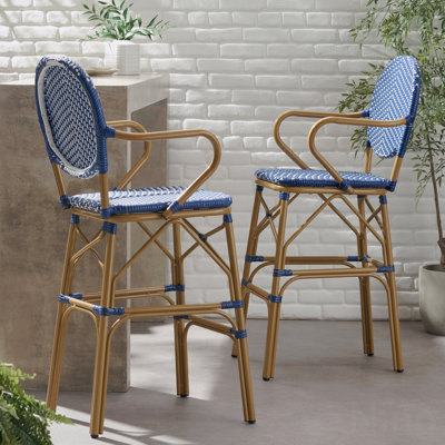 Ensemble de 2 tabourets de bar d'extérieur, osier en polyéthylène et aluminium de style français 29,5 po