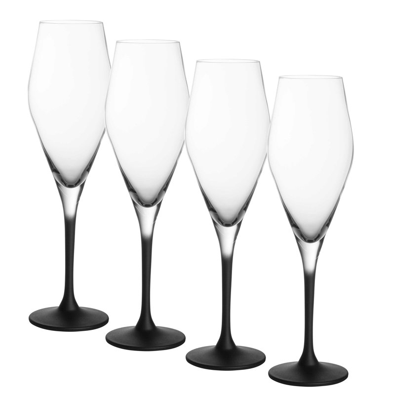 Elegant Black Stem Crystal Champagne Flutes, Set of 4