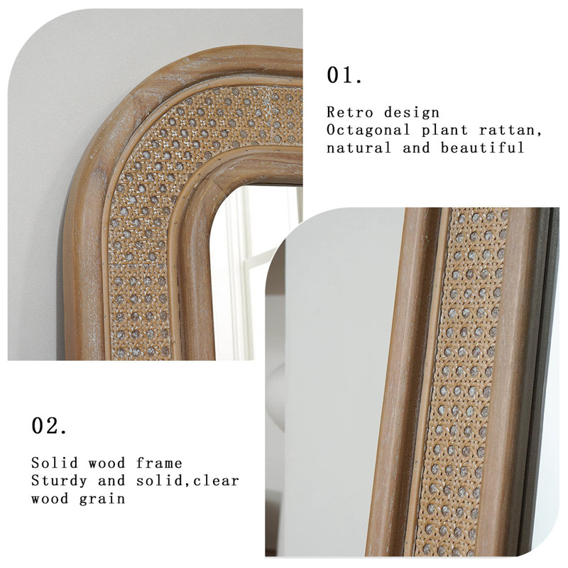 Miroir pleine longueur rectangulaire en rotin + en bois massif + en bois manufacturé