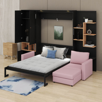 Lit escamotable avec canapé, armoires, lit escamotable peu encombrant avec tablettes intégrées et luminaires doubles
