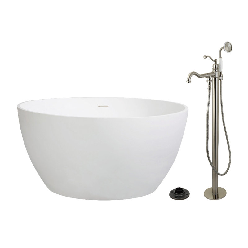 Kingston Arcticstone 45-Inch Solid Surface Round Double Ended Freestanding Tub With Faucet Combo And Drain, Brushed Nickel