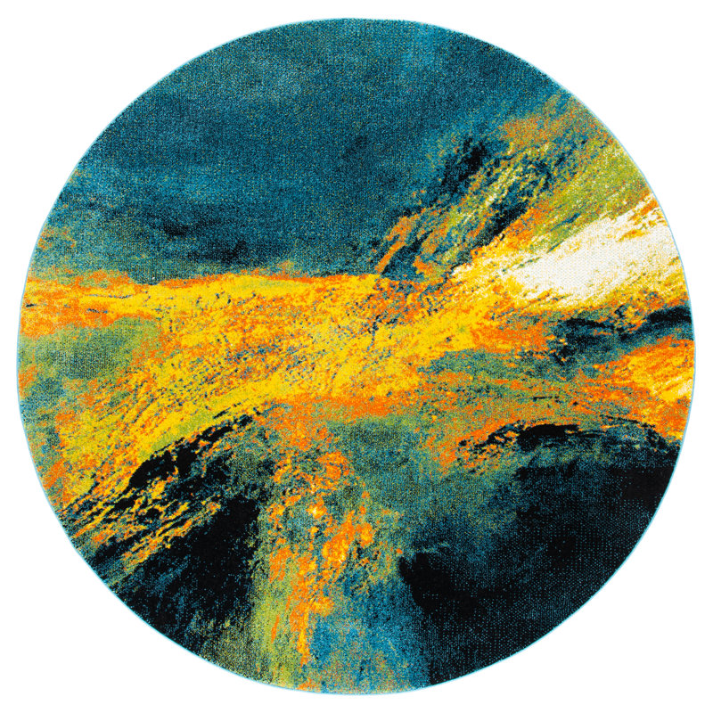 Robidoux Abstract Teal/Yellow Area Rug, Round 6'7"