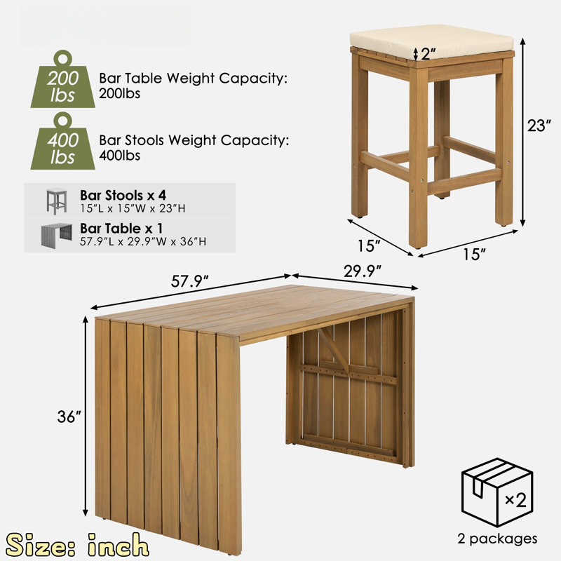 5 Pieces Outdoor Bar Set Included 1 Height Table & Four Stools With Cushions